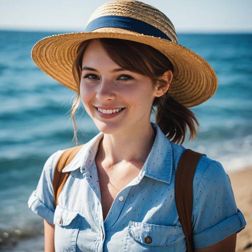 Smiling woman with straw hat at the beach