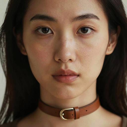 Photograph of an Asian woman with fair skin, straight black hair, and brown eyes, wearing a brown leather choker with a gold buckle, looking