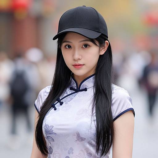 Photograph of an East Asian woman with long black hair, wearing a black baseball cap and white floral cheongsam, standing in a blurred, busy