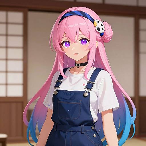 Anime-style digital drawing of a cute pink-haired girl with purple eyes, wearing a white shirt and blue overalls, black choker, and blue head