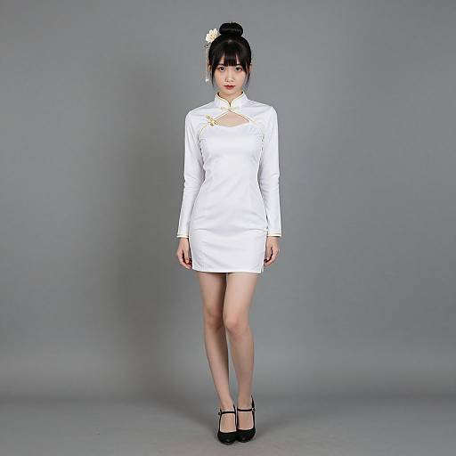 Photograph of an Asian woman with fair skin, black hair in a bun with a white flower, wearing a white long-sleeve mini dress,
