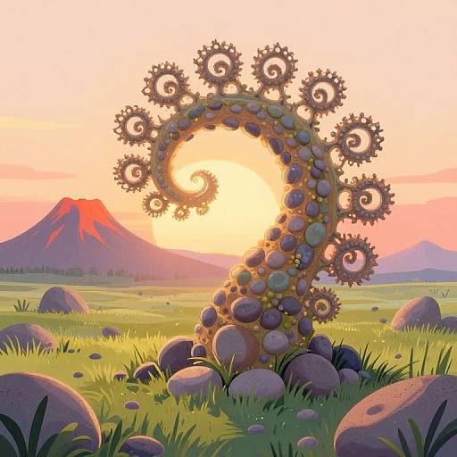 Digital illustration of a whimsical, gear-adorned, glowing tree-like structure in a grassy field at sunset, with a red-topped mountain