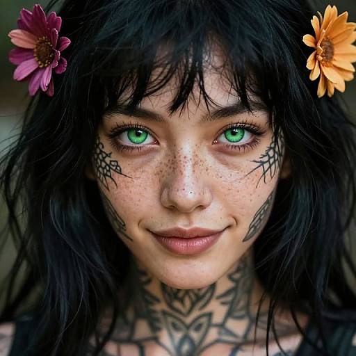 Photograph of a freckled woman with green eyes, black hair, floral hairpins, intricate tattoos, and dark makeup, smiling softly.