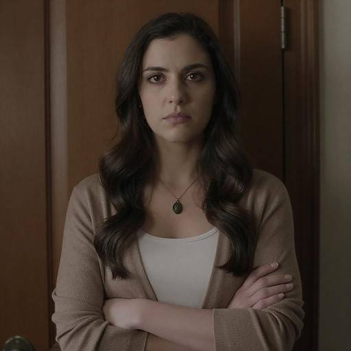 Serious Woman in Cardigan by Door