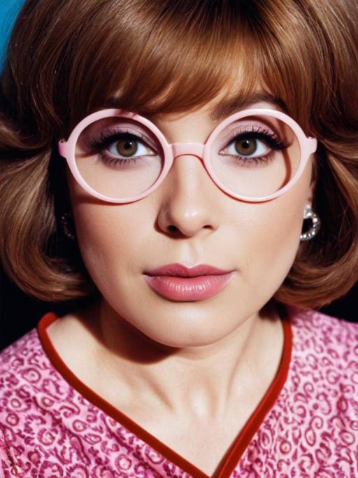 Woman in Pink Austin Powers Costume with Round Glasses