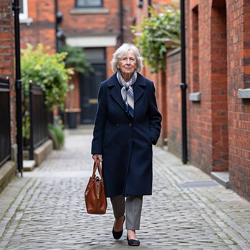 Photograph of an elderly woman with short blonde hair, wearing a black coat, gray pants, and black shoes, carrying a brown handbag, walking