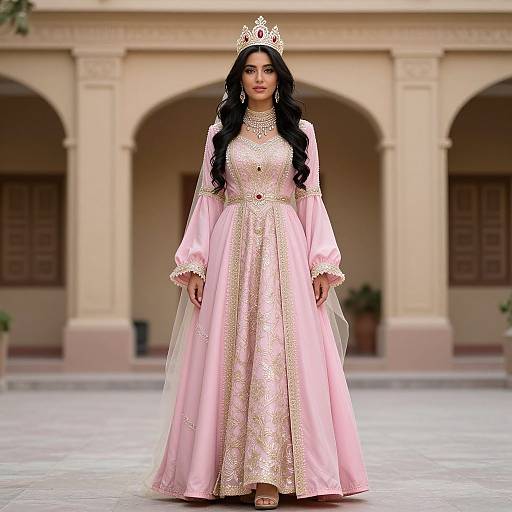 Photograph of a South Asian woman with long black hair, wearing a pink and gold embroidered gown, sheer veil, and crown, standing in a colonial