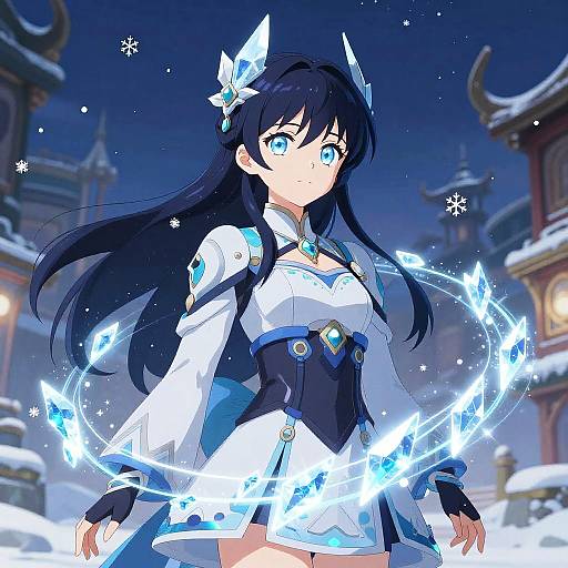 Digital anime artwork of a blue-eyed, black-haired girl in a white and blue ice-themed outfit, surrounded by glowing blue ice shards, in a snowy