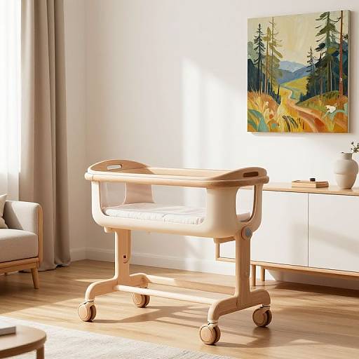 Photograph of a bright, modern room with a wooden desk, rolling chair, white cabinet, abstract forest painting, beige armchair, and sunlight filtering
