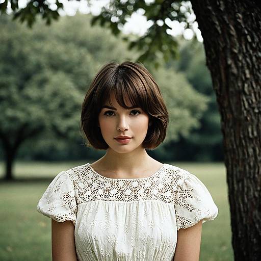 Young Woman in Vintage White Dress Outdoors