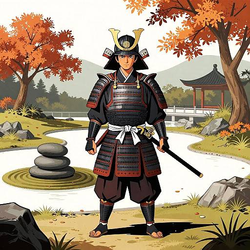 Samurai in Traditional Armor in Autumn Zen Garden