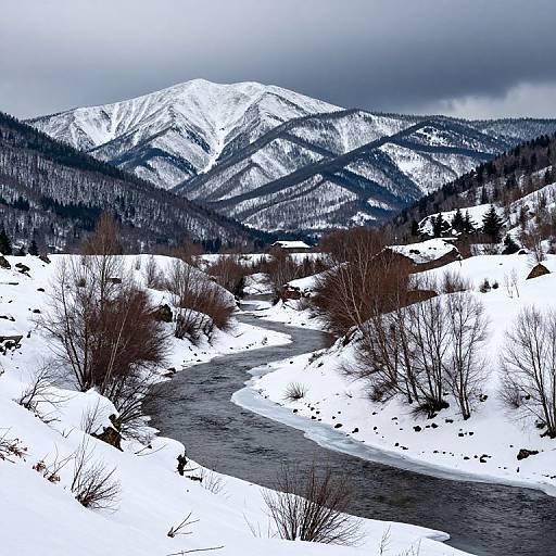 Photograph of a snowy mountain landscape with a winding river, barren trees, and a cloudy sky, showcasing stark white and dark blue contrasts.