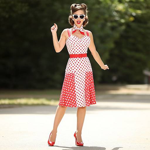 Photograph of a retro-style woman in a white polka dot dress with red accents, red high heels, and sunglasses, standing outdoors with a blurred