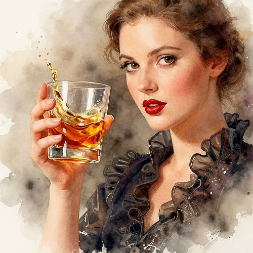 Digital painting of a fair-skinned woman with red lipstick, brown hair, and black ruffled blouse, holding a glass of amber liquid with splashes