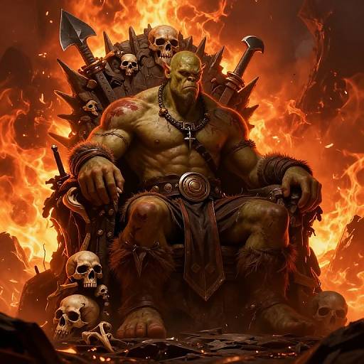Digital artwork of a muscular, green-skinned orc king with a bald head, seated on a spiked throne surrounded by skulls and axes, amidst a fiery