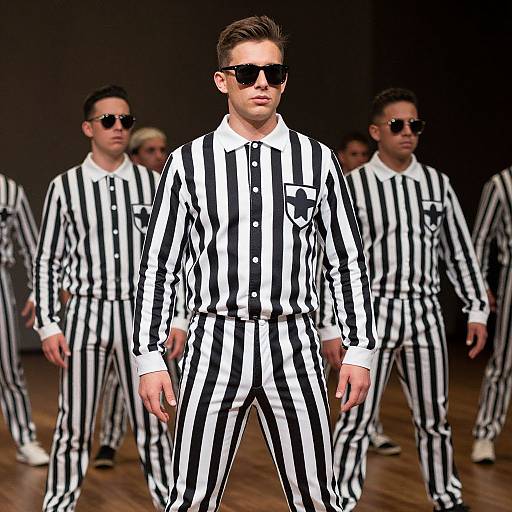 Photograph of six men in black-and-white striped suits, white shirts, and black sunglasses walking on a dark stage with wooden floor.