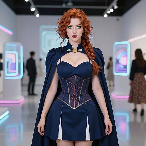 CGI image of a red-haired woman with green eyes, wearing a dark blue corset dress, laced corset, and cape, on a