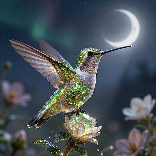 Photograph of a vibrant green hummingbird with iridescent feathers, hovering over a flower under a glowing crescent moon in a dark, starry