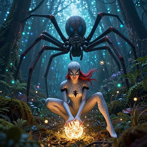 Digital art: Spider-Man (female, red-haired) crouches by campfire, in spider-filled forest, with giant spider looming behind her.