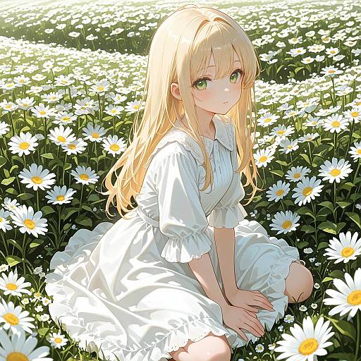 Blonde Girl in Flower Field