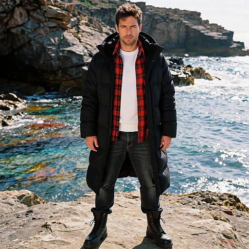 Photograph of a bearded man with short dark hair, wearing a black coat, red plaid shirt, white t-shirt, and jeans, standing