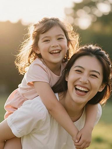 Joyful Mother Carrying Daughter Outdoors
