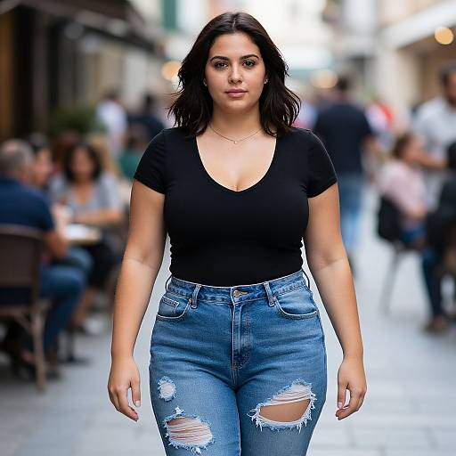 Photograph of a curvy woman with medium skin tone, black wavy hair, wearing a black V-neck top and ripped blue jeans, walking confidently