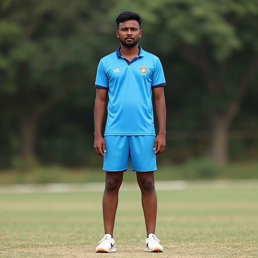 Photograph of a muscular Black man with short black hair and beard, wearing a blue cricket uniform and white shoes, standing on a grassy field with
