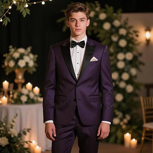 Young Man in Dark Purple Satin Suit at Evening Event