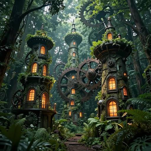 Fantastical forest scene with glowing, moss-covered, steampunk-style towers and large gears, illuminated by warm orange lights amidst lush greenery.