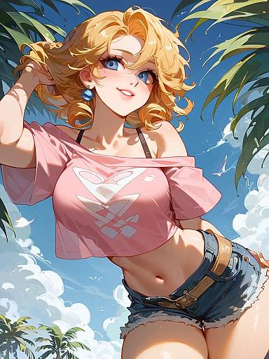 Blonde Woman in Denim Shorts and Pink Crop Top