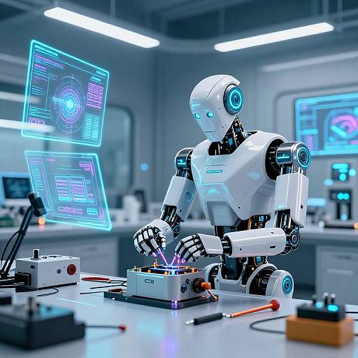 Photograph of a futuristic laboratory with a white, glowing, humanoid robot assembling electronic components on a sleek, illuminated workspace. Blue holographic screens display technical