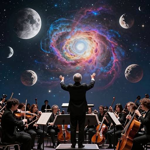 Orchestra conductor with raised arms, facing cosmic galaxy with planets, surrounded by musicians playing string instruments under starry night sky.