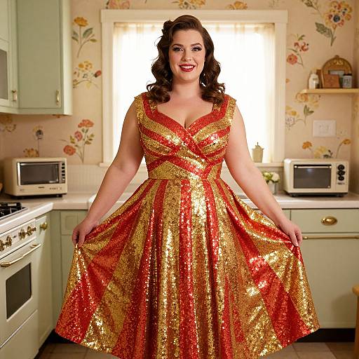 Photograph of a smiling, curvy woman with dark curly hair in a shimmering red and gold vintage-style dress, standing in a floral-patterned