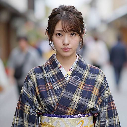 Photograph of a young Japanese woman with fair skin, dark hair in a bun, wearing a blue plaid kimono with a yellow obi,