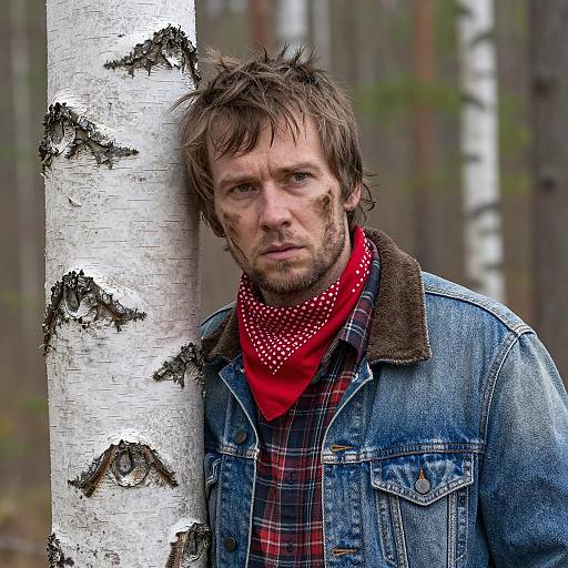 Wary Man by Birch Tree in Forest