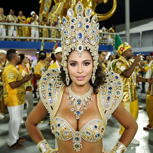 Photograph of a woman in an elaborate, gold and blue, bejeweled costume with a large headdress, performing in a vibrant, crowded