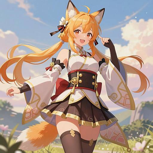 Anime Girl with Fox Ears in Kimono Outfit