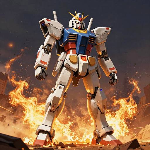 Dynamic CGI image of a white, blue, and red robotic mecha standing amidst intense flames, with a dark, smoky sky background.
