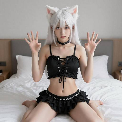 Egirl with Cat Ears and Black Ruffle Skirt Sitting on Bed