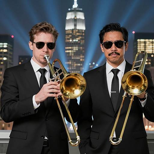 Serious Men with Trombones in City