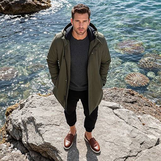 Man in Olive Parka by Shoreline