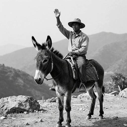 Man Riding Donkey in Black-and-White