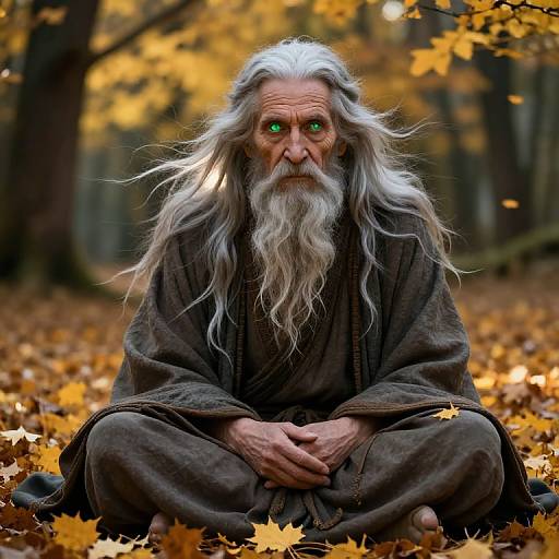 Photograph of an elderly man with long white hair, green eyes, and a full beard, sitting cross-legged on autumn leaves in a forest. W