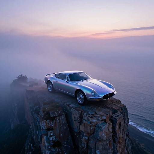 Photograph of a silver, classic sports car perched on a foggy cliff overlooking a serene ocean at dawn, with soft pastel hues in the