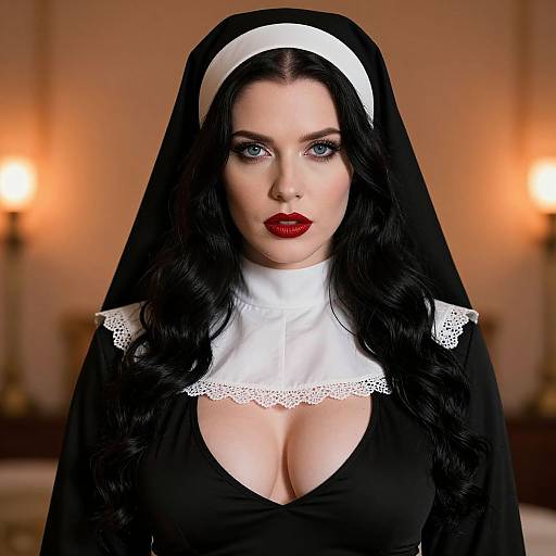 Photograph of a pale-skinned woman with blue eyes, wearing a black and white nun outfit, red lipstick, and long black hair, standing in