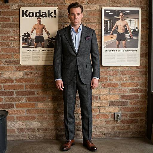 Photograph of a handsome man in a dark checkered suit, blue shirt, and brown shoes, standing in front of two gym posters on a brick
