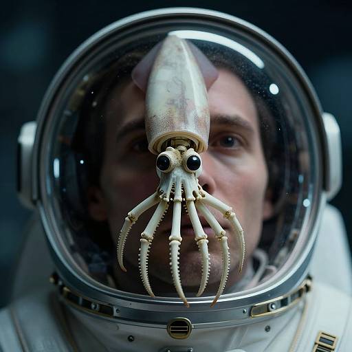 Photograph of a man in a spacesuit with a realistic octopus helmet, its tentacles and eyes clearly visible through the transparent helmet. Dark background