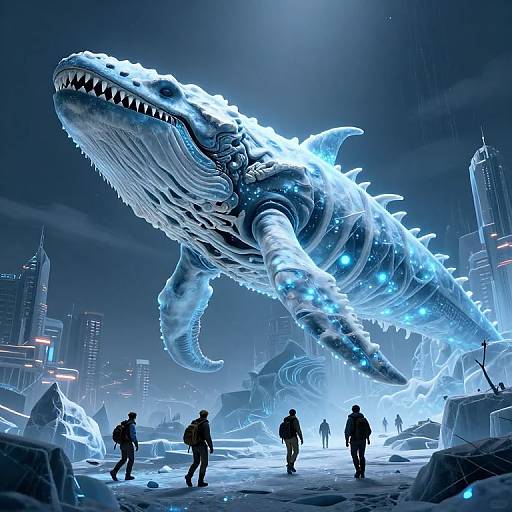 Digital artwork of a massive, glowing blue mechanical shark hovering over a frozen, futuristic cityscape with silhouetted figures below.