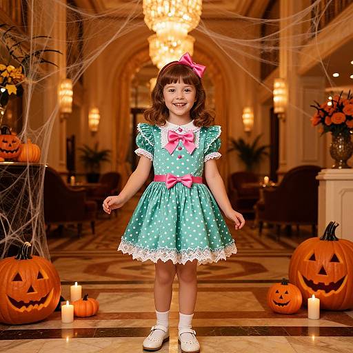 Photograph of a smiling young girl in a teal polka-dot Halloween dress with pink bow, standing in a grand, dimly-lit hall with